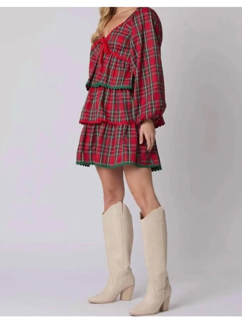 Peach Love Jingle Ball Dress in Red Plaid Long Sleeve Ruffle Tiered Size Medium